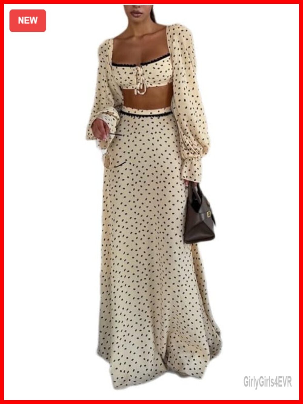 Womens Boho Polka Dot Crop Top & Maxi Skirt Set with Long Sleeve Shrug Vacation
